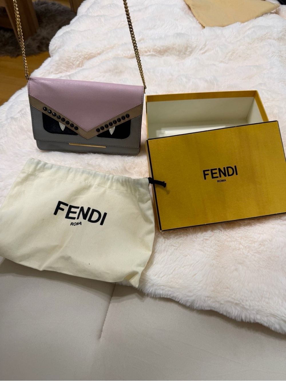 FENDI Monster Pink, Gray and Black Leather Eye-Detail Crossbody with Gold Chain
